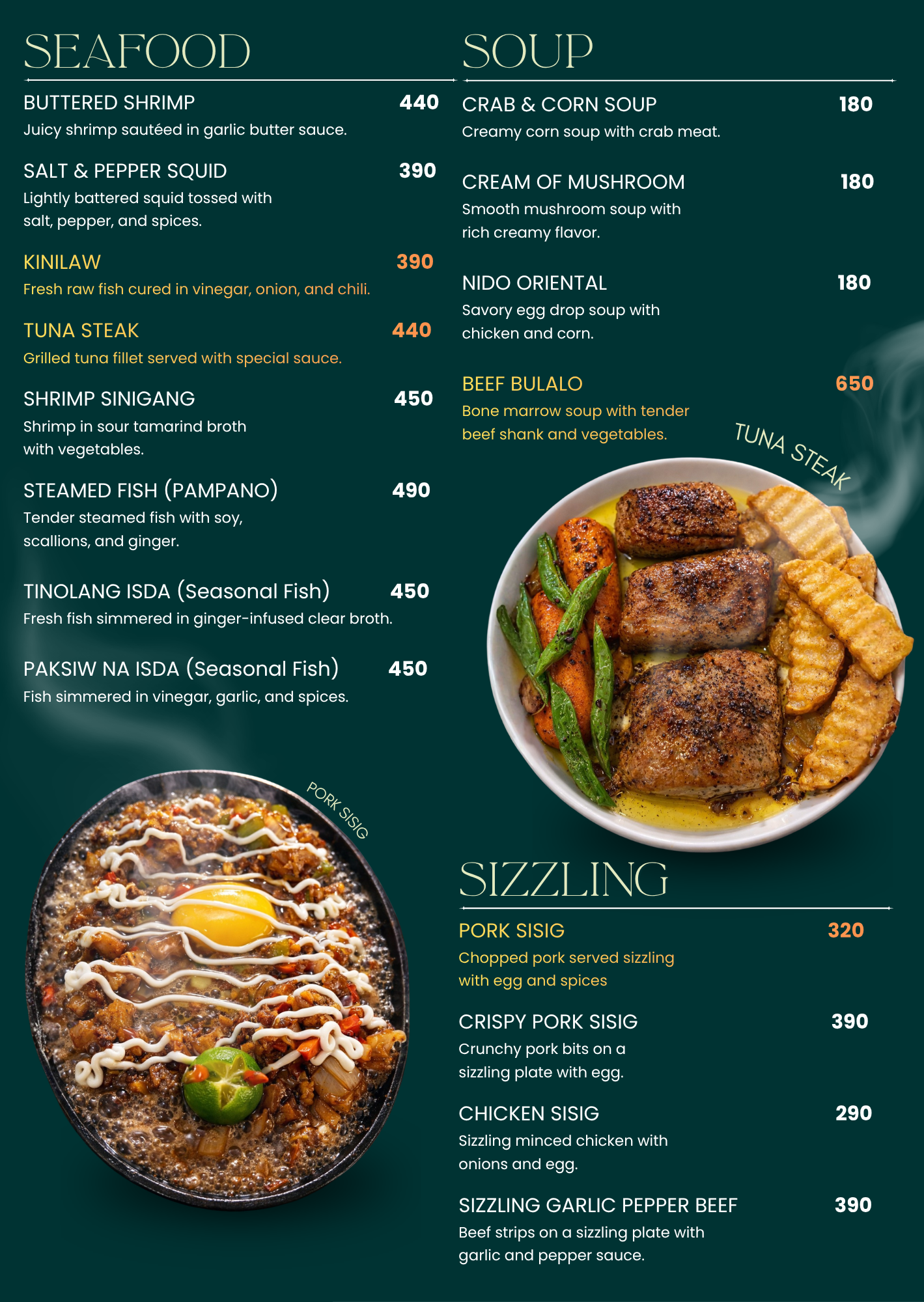 Menu page showing seafood, soup and sizzling plates against deep green